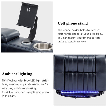 Fauteuil inclinable pivotant à 270°, siège home cinéma avec rangement dissimulé pour les accoudoirs, bande lumineuse LED et porte-gobelet