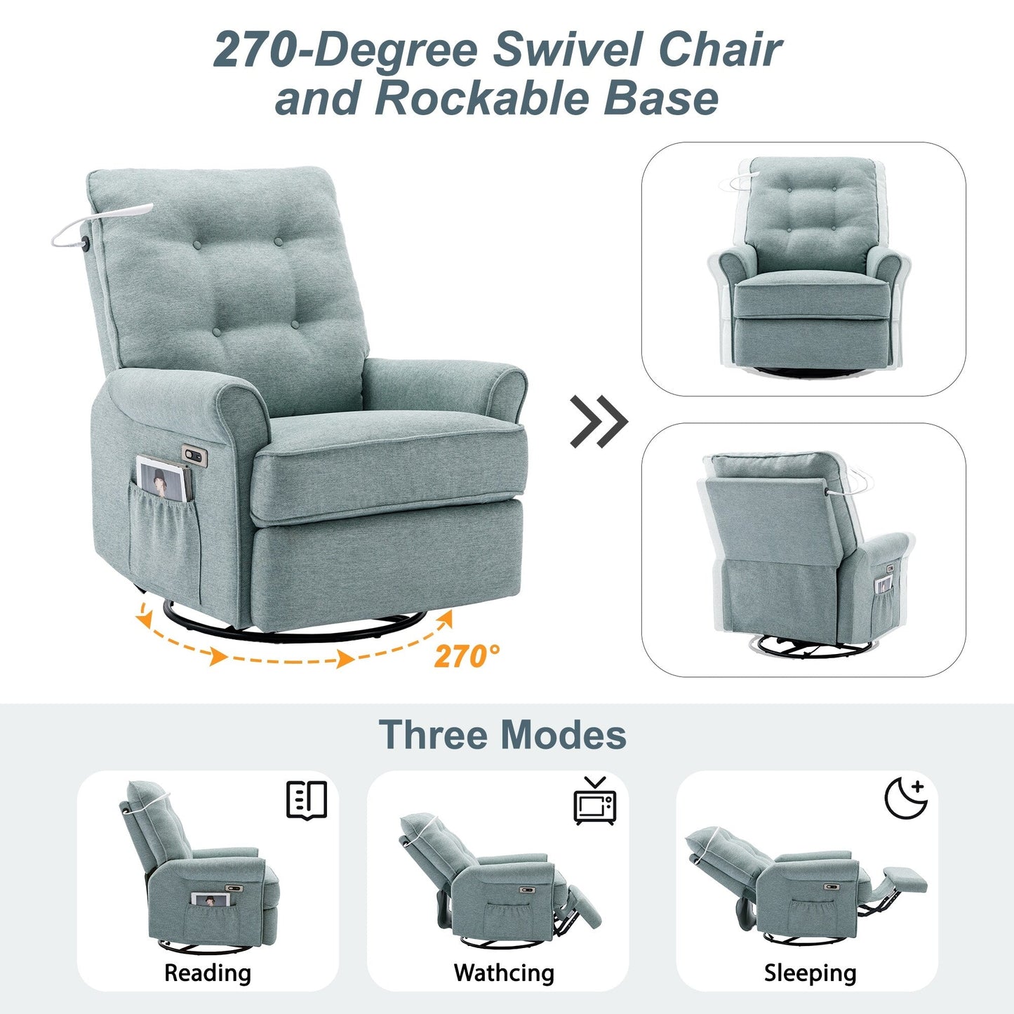 Fauteuil inclinable pivotant à 270° avec ports USB, lampe tactile, poche de rangement latérale et base à bascule