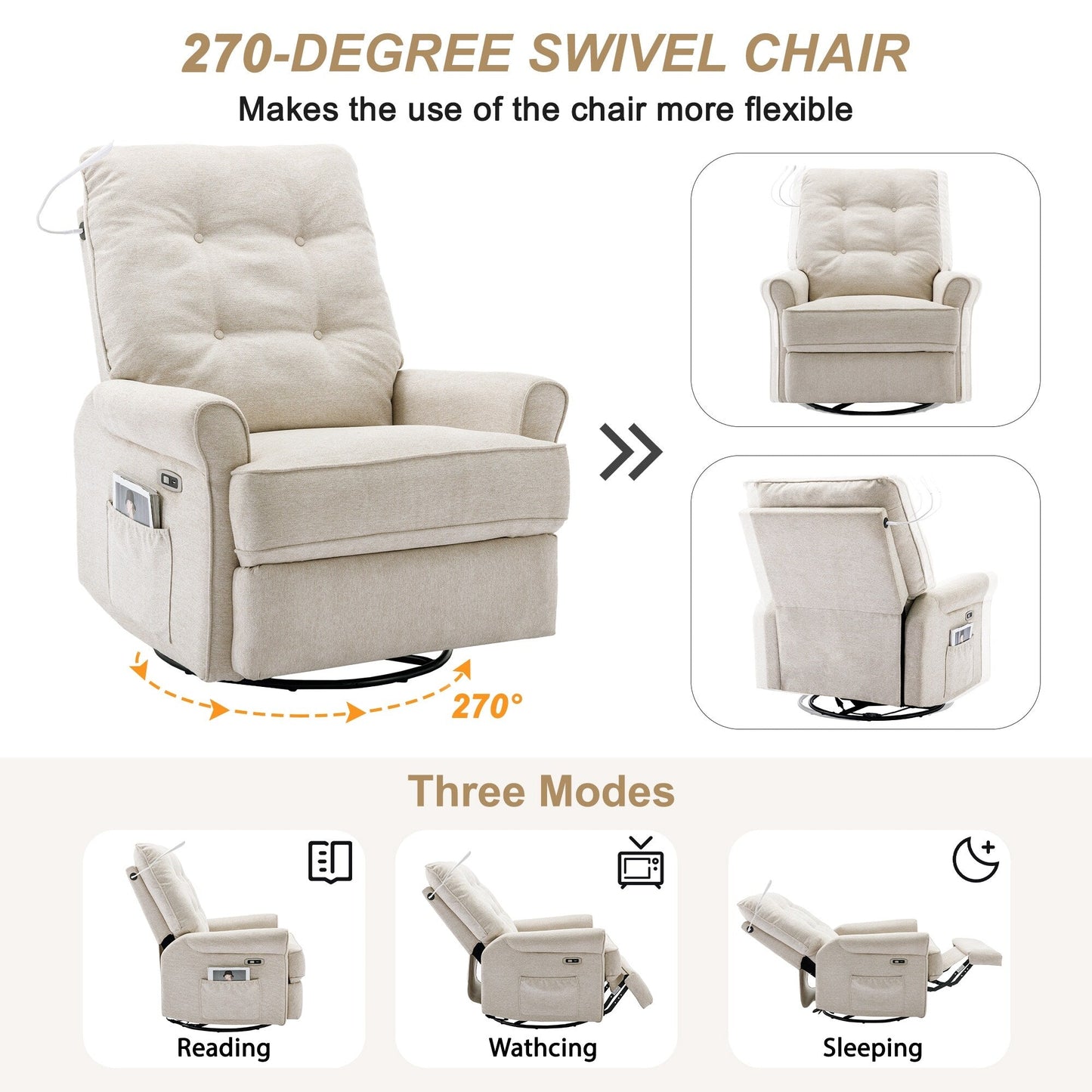 Fauteuil inclinable pivotant à 270° avec ports USB, lampe tactile, poche de rangement latérale et base à bascule
