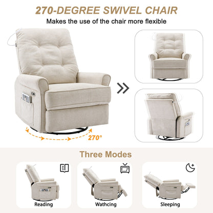 Fauteuil inclinable pivotant à 270° avec ports USB, lampe tactile, poche de rangement latérale et base à bascule