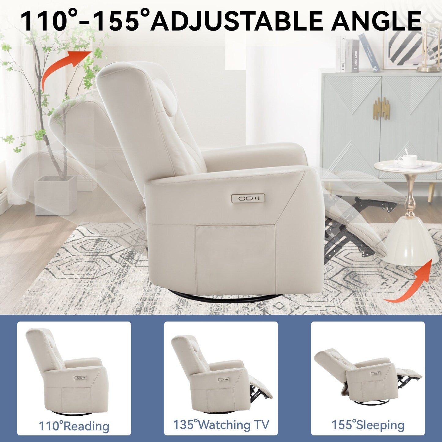 Fauteuil inclinable électrique pivotant à 270°, coussin de soutien, USB, Type-C