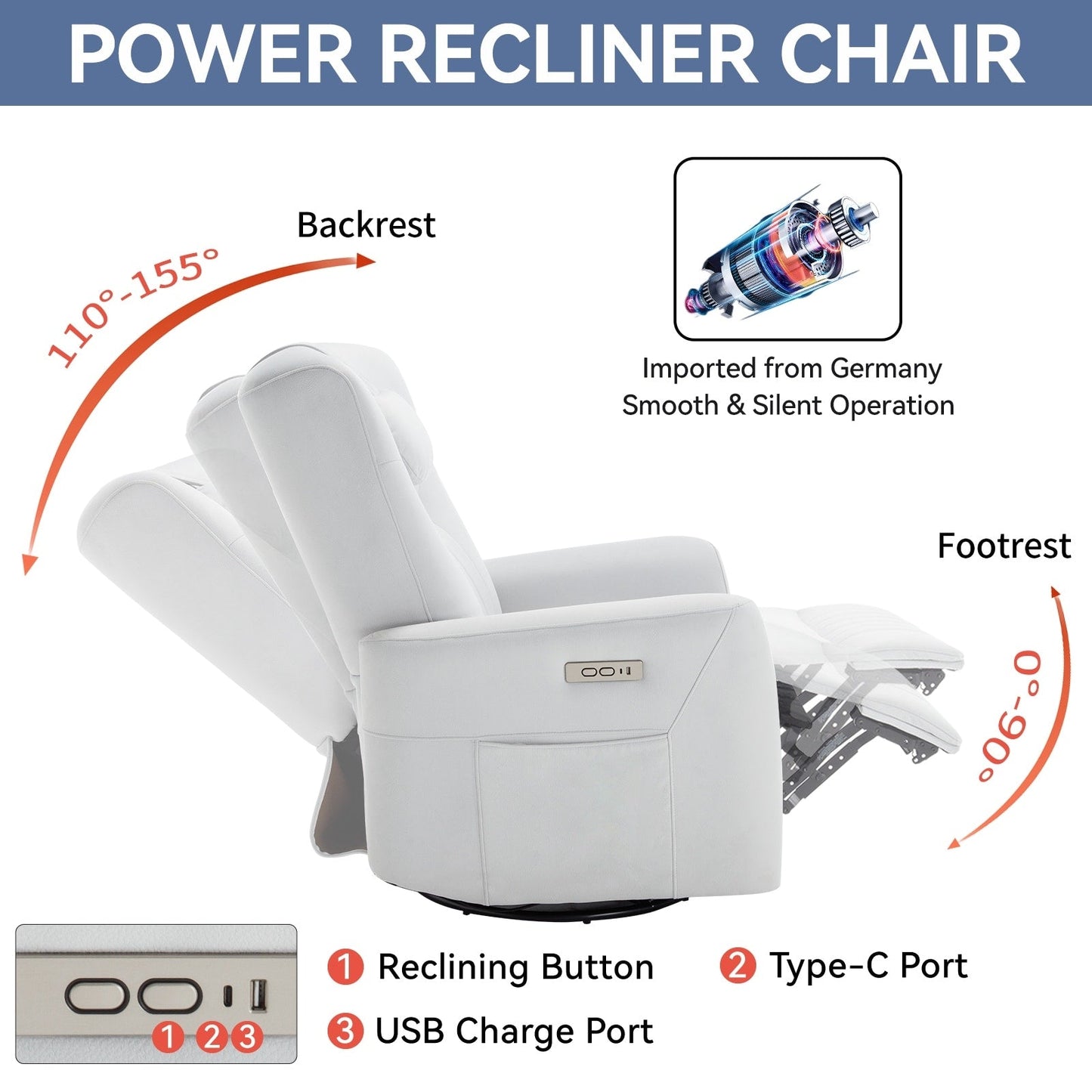Fauteuil inclinable électrique pivotant à 270°, coussin de soutien, USB, Type-C