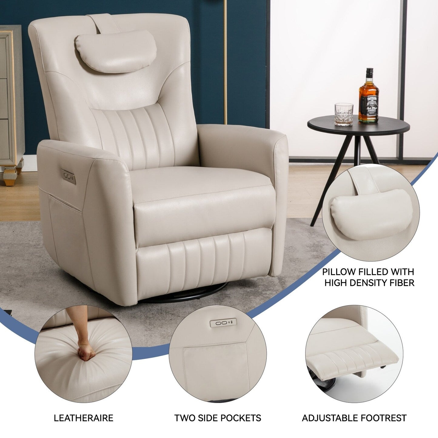 Fauteuil inclinable électrique pivotant à 270°, coussin de soutien, USB, Type-C