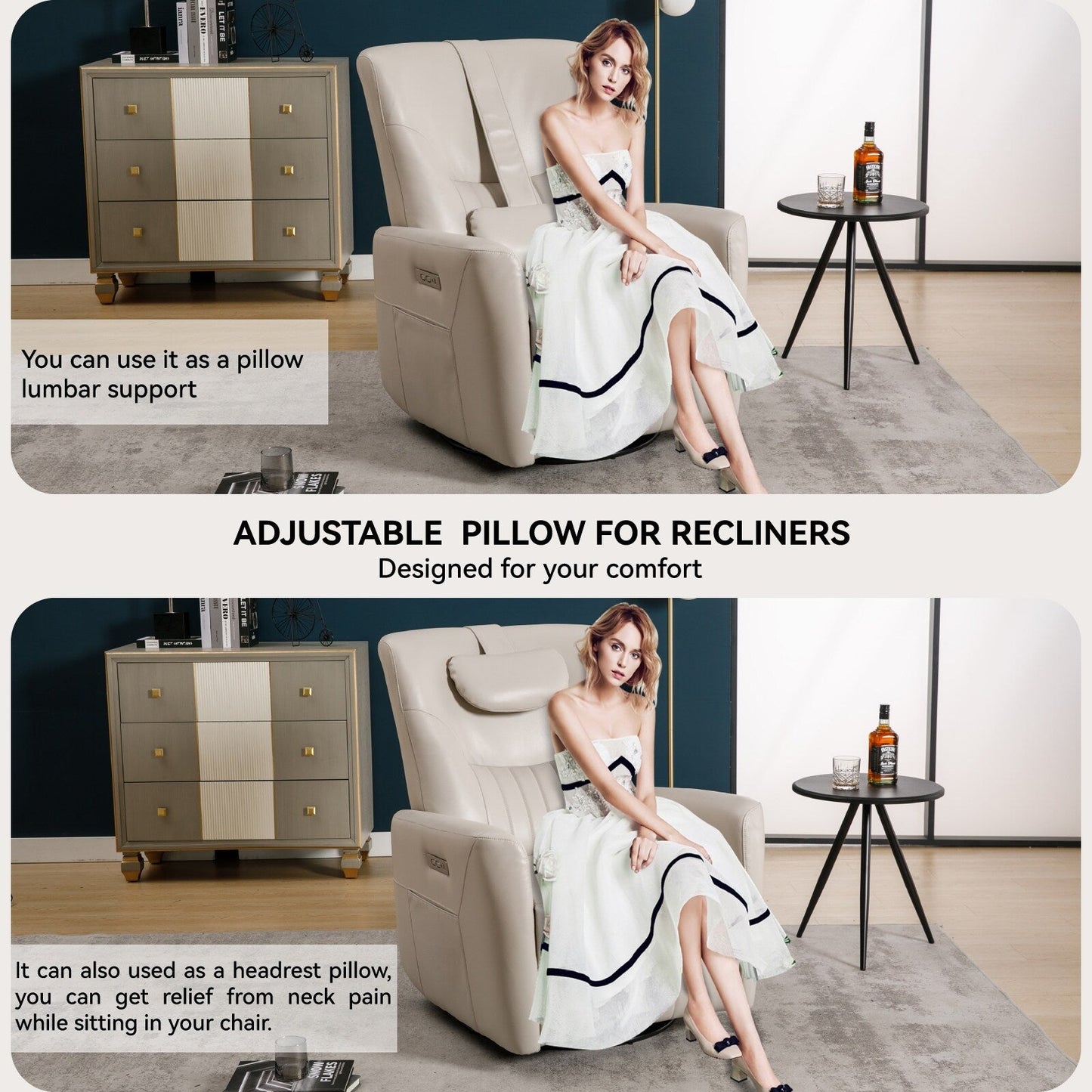 Fauteuil inclinable électrique pivotant à 270°, coussin de soutien, USB, Type-C