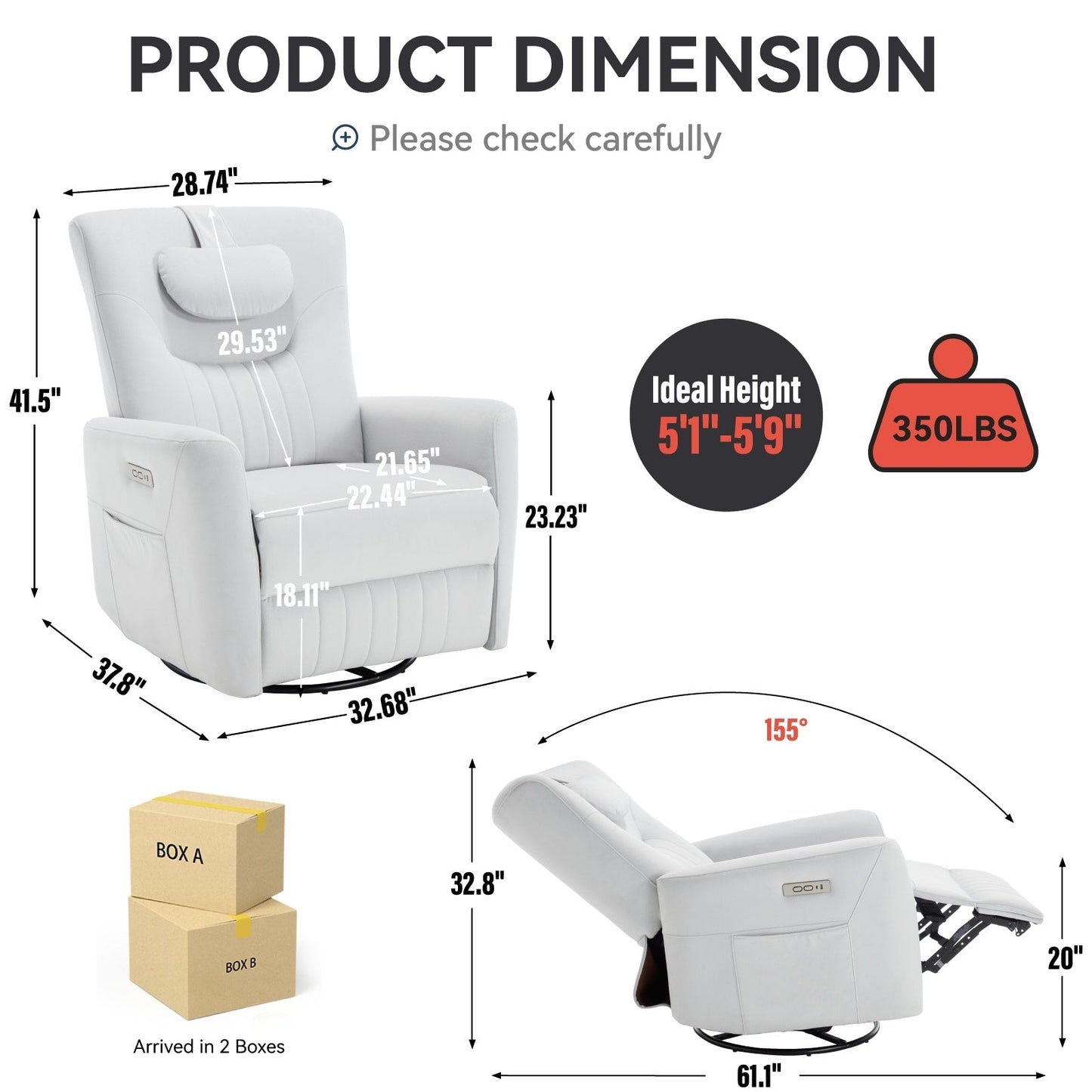 Fauteuil inclinable électrique pivotant à 270°, coussin de soutien, USB, Type-C