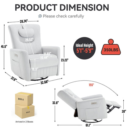 Fauteuil inclinable électrique pivotant à 270°, coussin de soutien, USB, Type-C
