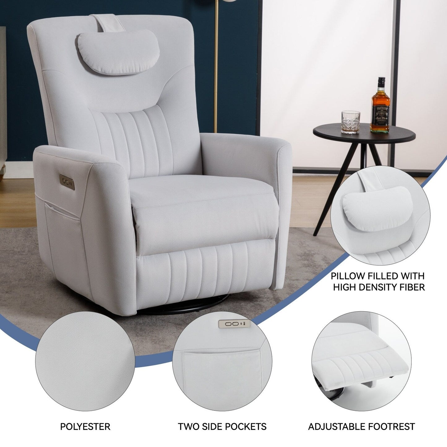 Fauteuil inclinable électrique pivotant à 270°, coussin de soutien, USB, Type-C