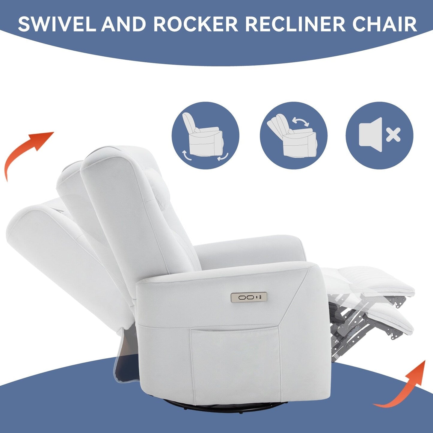 Fauteuil inclinable électrique pivotant à 270°, coussin de soutien, USB, Type-C