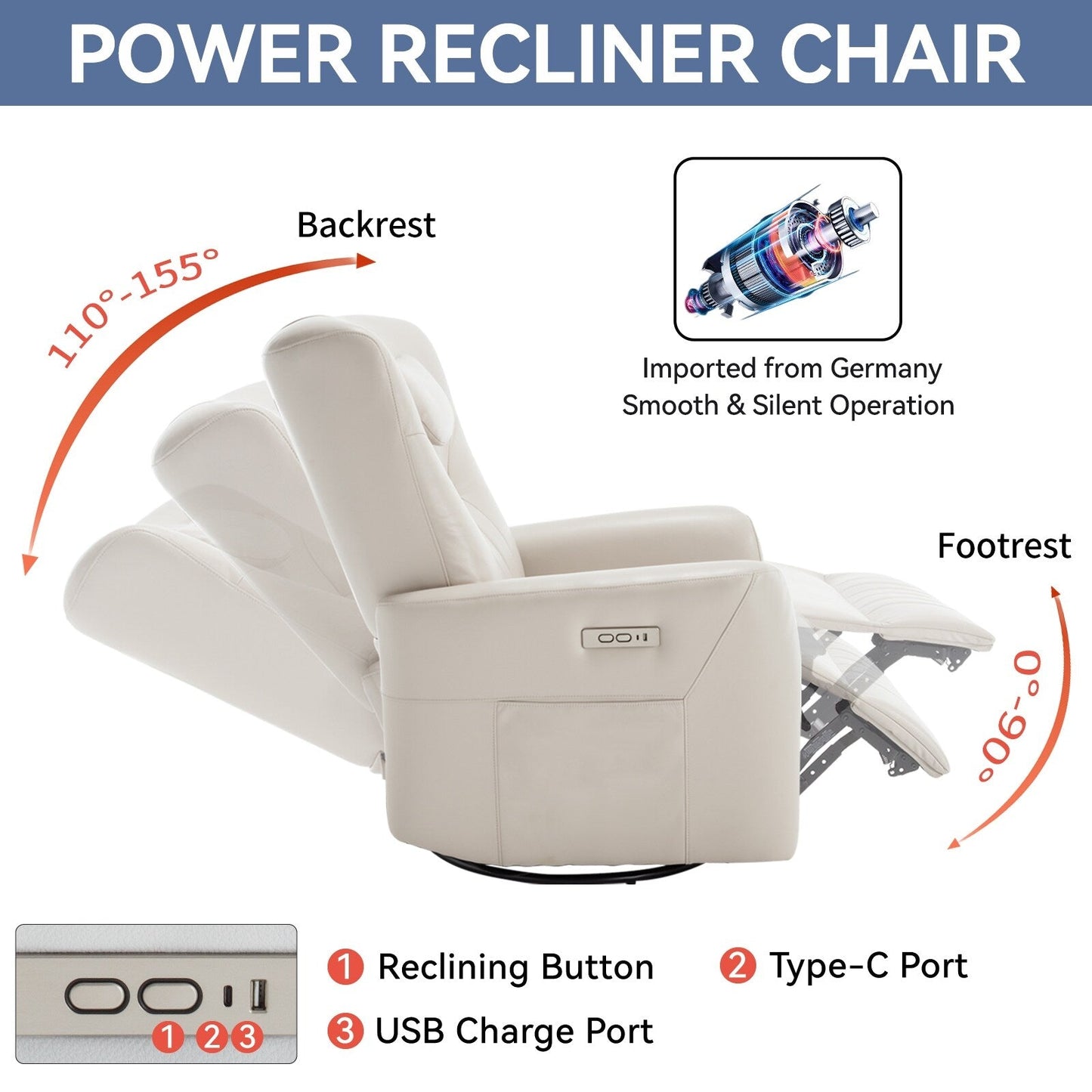 Fauteuil inclinable électrique pivotant à 270°, coussin de soutien, USB, Type-C