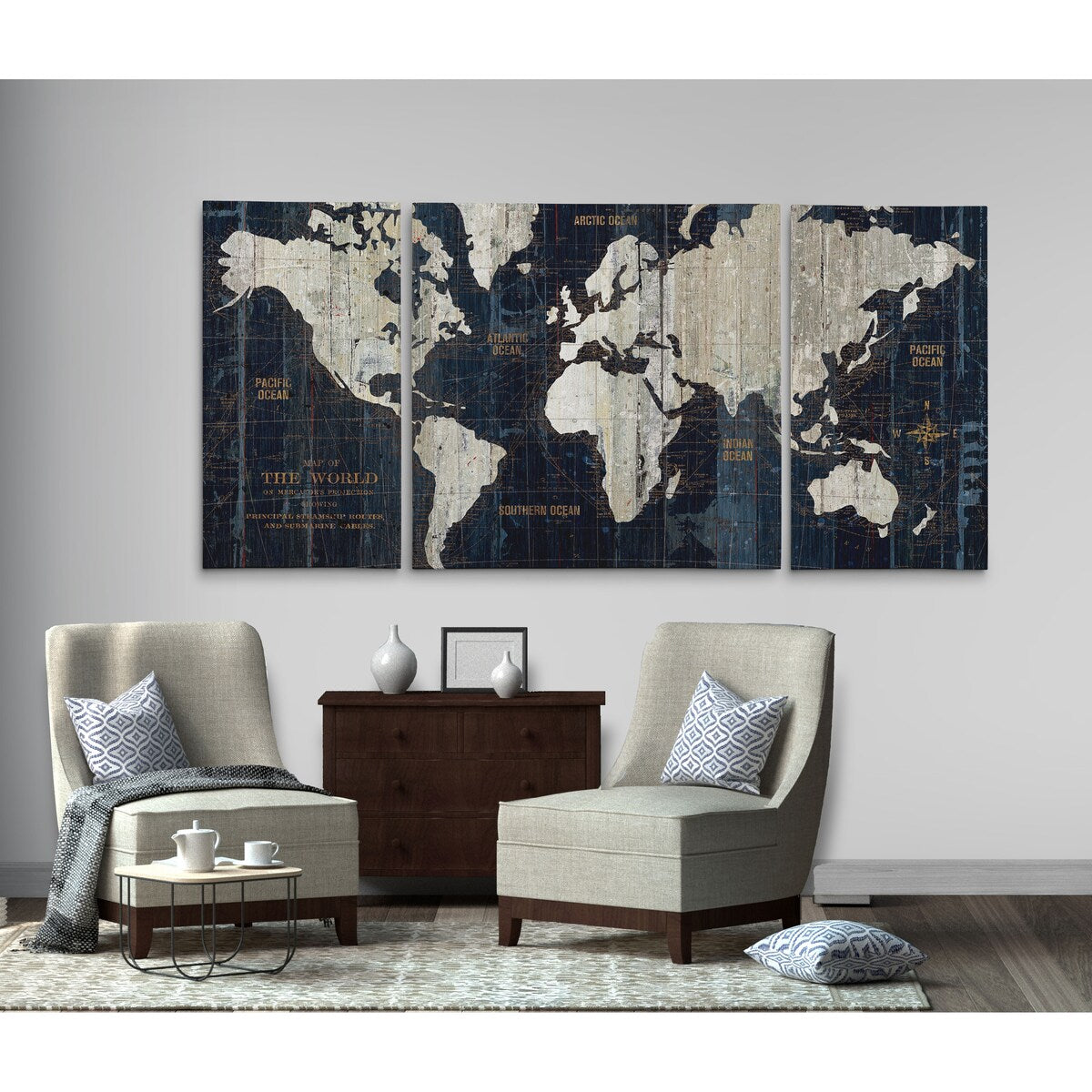 Ensemble de 3 impressions sur toile encadrées « Old World Map Blue »