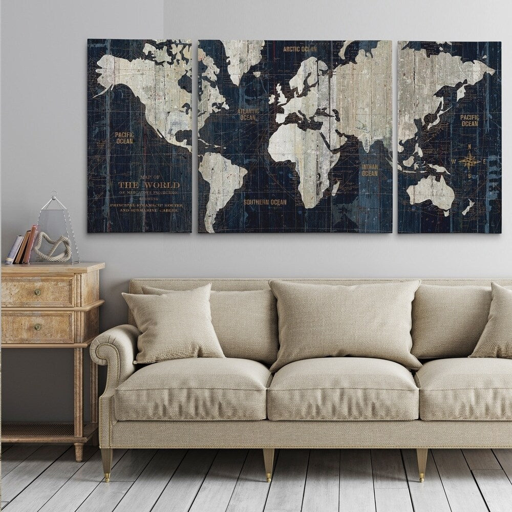 Ensemble de 3 impressions sur toile encadrées « Old World Map Blue »