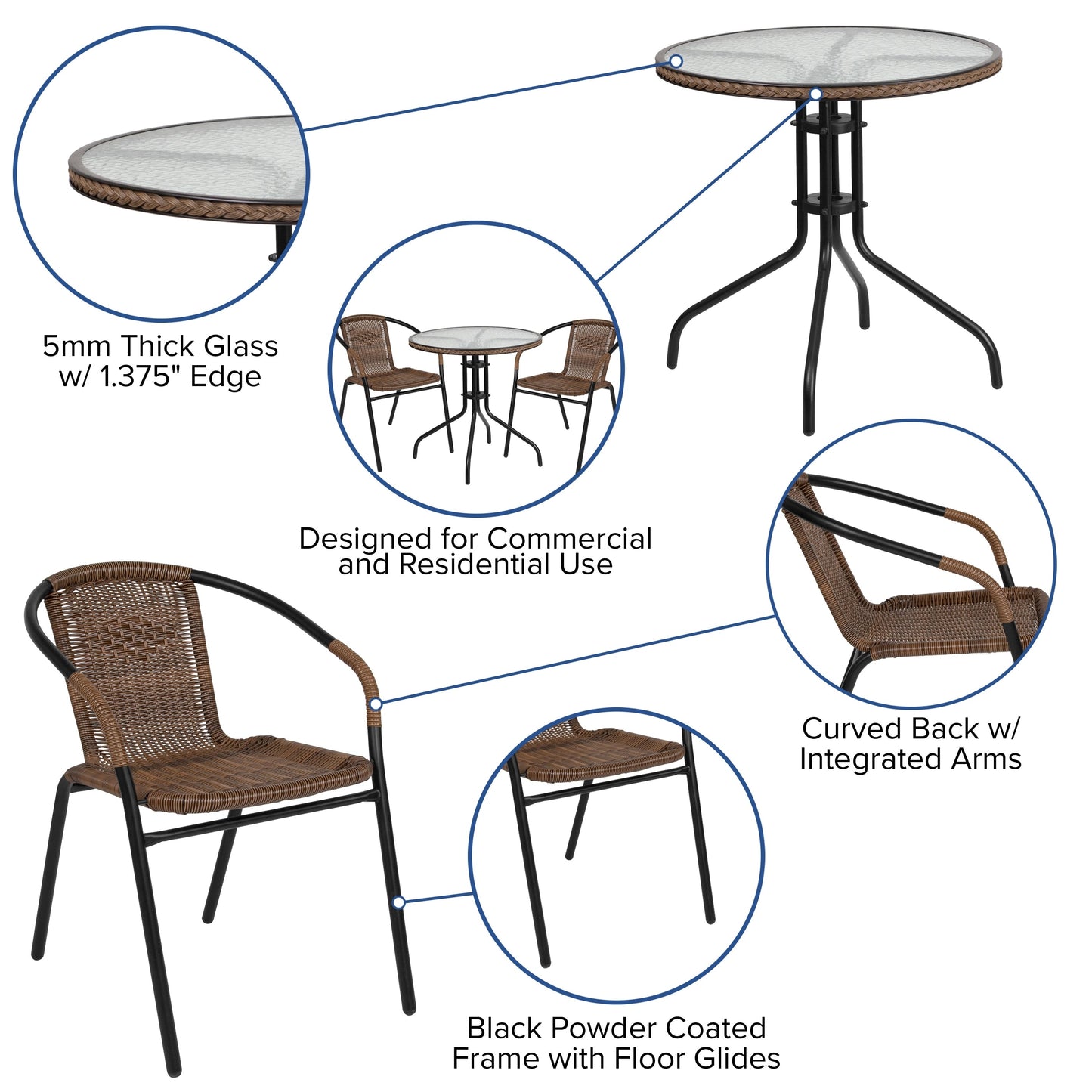 Ensemble table et chaises d'extérieur 3 pièces - 28,75 L x 28,75 P x 28 H