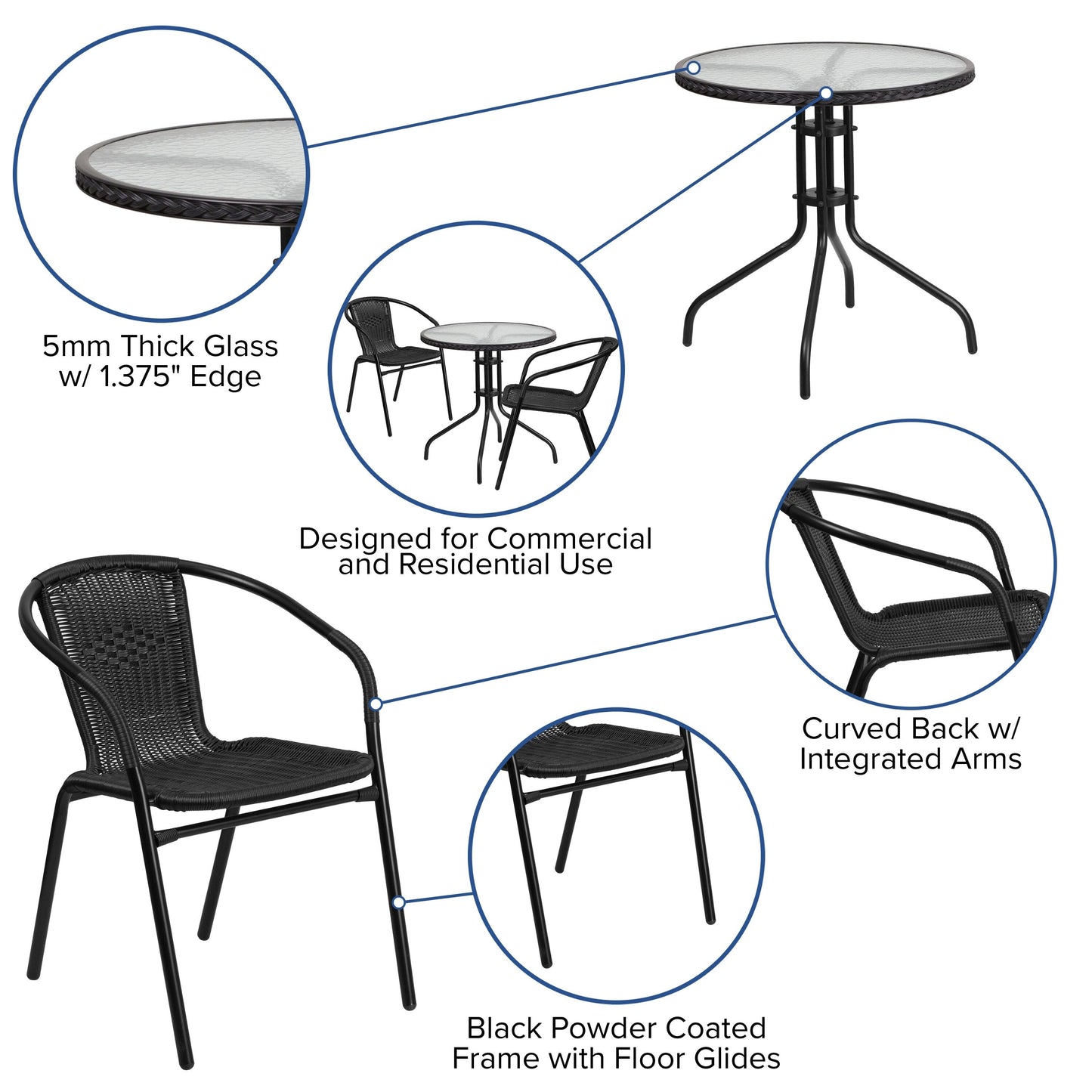 Ensemble table et chaises d'extérieur 3 pièces - 28,75 L x 28,75 P x 28 H