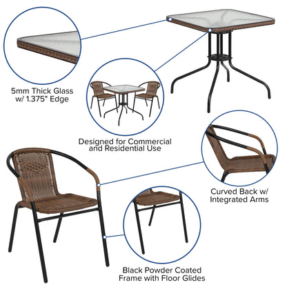 Ensemble de salle à manger de patio 3 pièces en métal et rotin avec table carrée de 28 pouces - 28 L x 28 P x 28 H