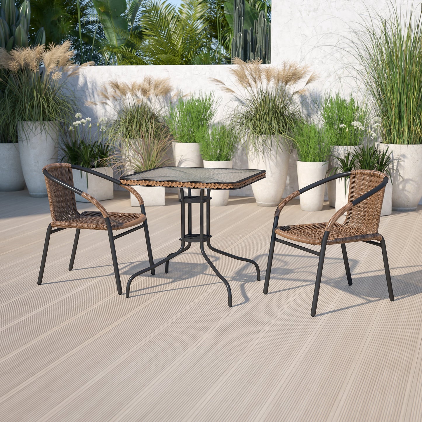 Ensemble de salle à manger de patio 3 pièces en métal et rotin avec table carrée de 28 pouces - 28 L x 28 P x 28 H