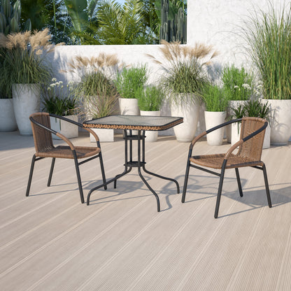 Ensemble de salle à manger de patio 3 pièces en métal et rotin avec table carrée de 28 pouces - 28 L x 28 P x 28 H
