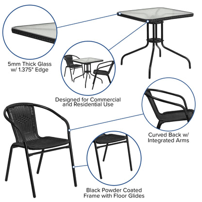 Ensemble de salle à manger de patio 3 pièces en métal et rotin avec table carrée de 28 pouces - 28 L x 28 P x 28 H