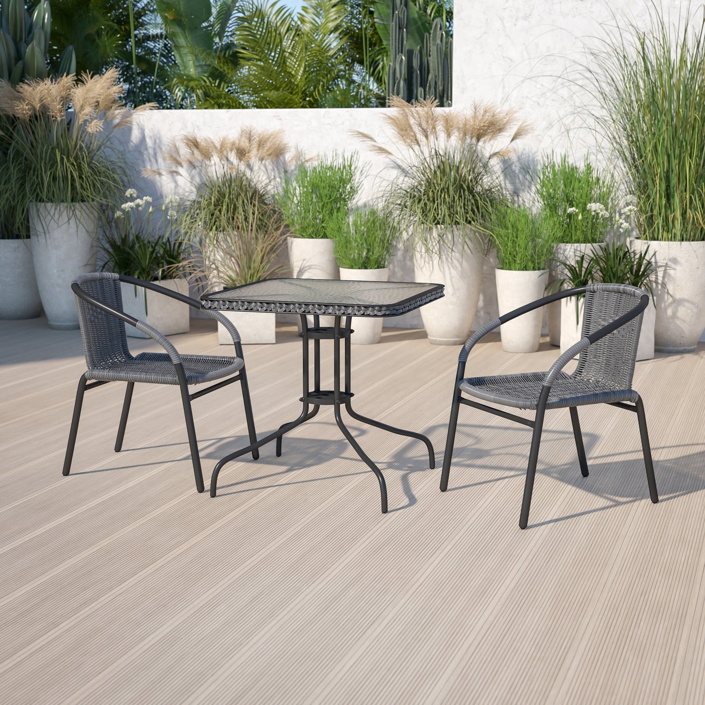 Ensemble de salle à manger de patio 3 pièces en métal et rotin avec table carrée de 28 pouces - 28 L x 28 P x 28 H