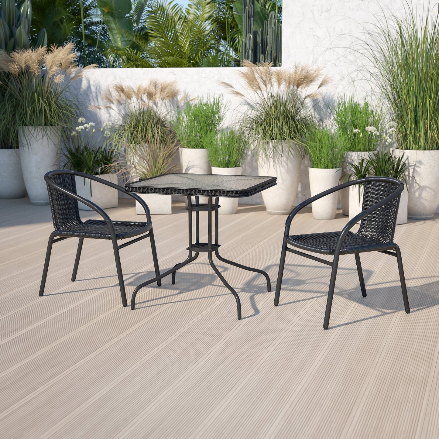 Ensemble de salle à manger de patio 3 pièces en métal et rotin avec table carrée de 28 pouces - 28 L x 28 P x 28 H