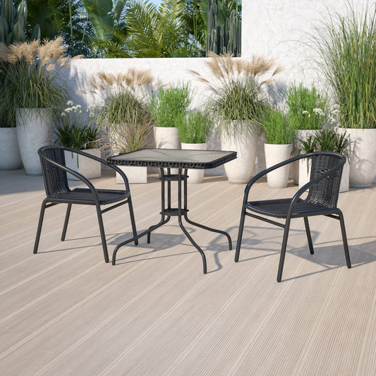 Ensemble de salle à manger de patio 3 pièces en métal et rotin avec table carrée de 28 pouces - 28 L x 28 P x 28 H