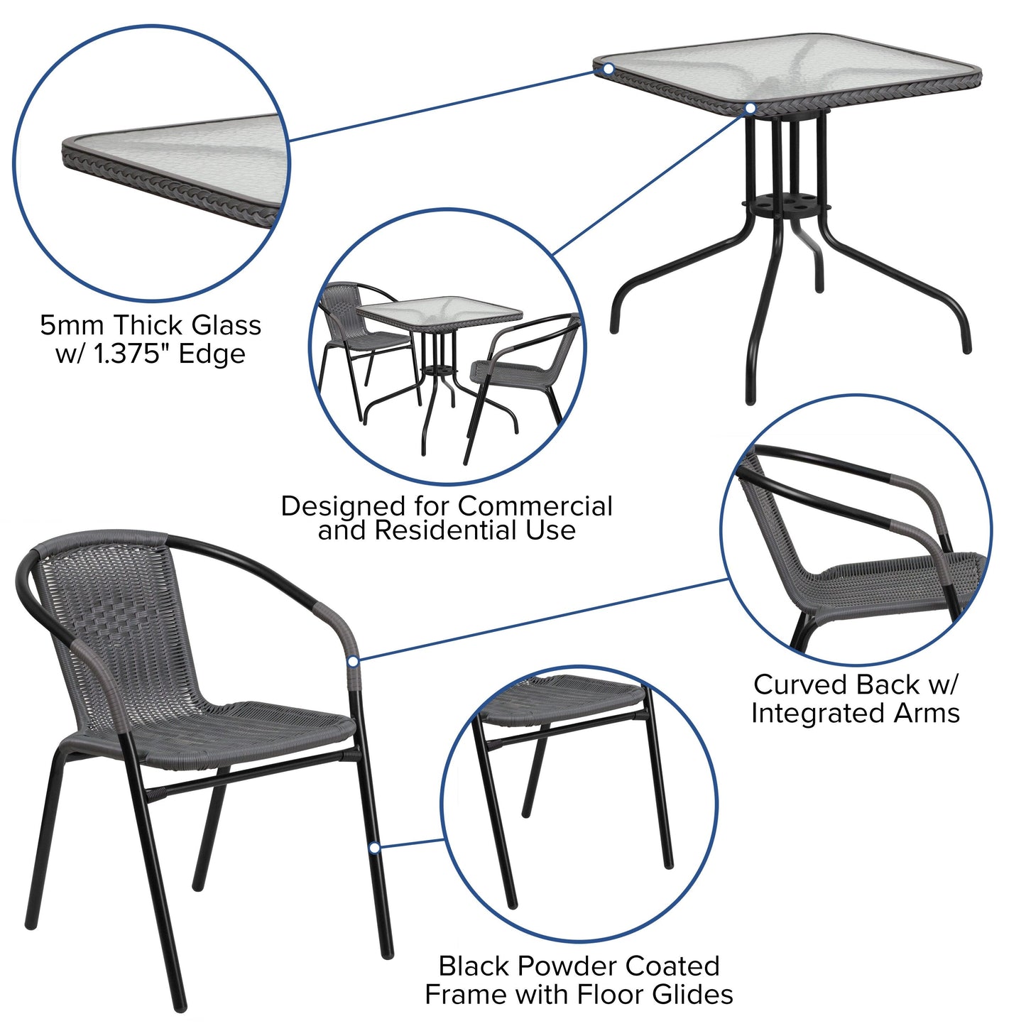 Ensemble de salle à manger de patio 3 pièces en métal et rotin avec table carrée de 28 pouces - 28 L x 28 P x 28 H