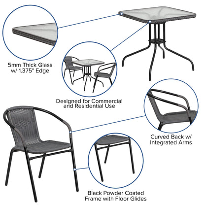 Ensemble de salle à manger de patio 3 pièces en métal et rotin avec table carrée de 28 pouces - 28 L x 28 P x 28 H