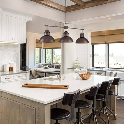 Suspension en forme de dôme de style industriel à 3 lumières, style ferme, en métal, linéaire, pour îlot de cuisine, finition bronze huilé