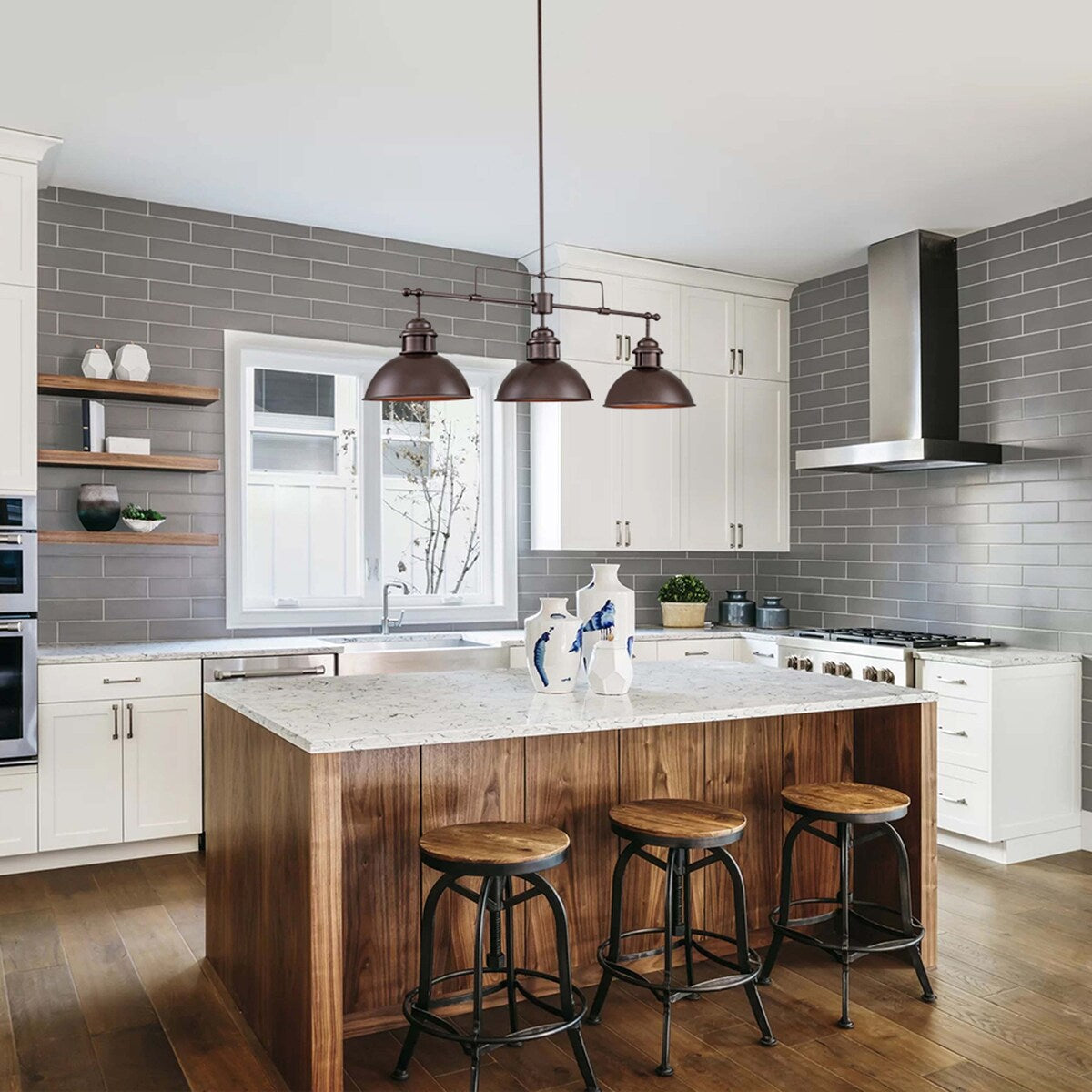 Suspension en forme de dôme de style industriel à 3 lumières, style ferme, en métal, linéaire, pour îlot de cuisine, finition bronze huilé