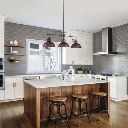 Suspension en forme de dôme de style industriel à 3 lumières, style ferme, en métal, linéaire, pour îlot de cuisine, finition bronze huilé