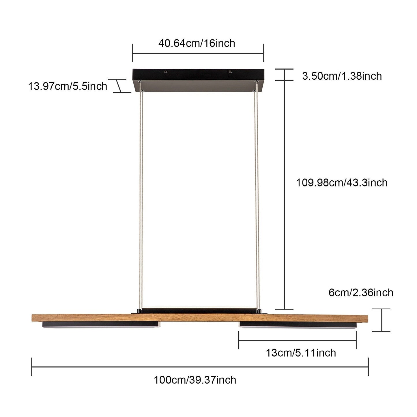 Lustre linéaire en bois à 3 ou 5 lumières LED intégrées pour îlot de cuisine