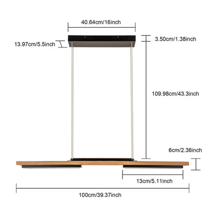 Lustre linéaire en bois à 3 ou 5 lumières LED intégrées pour îlot de cuisine