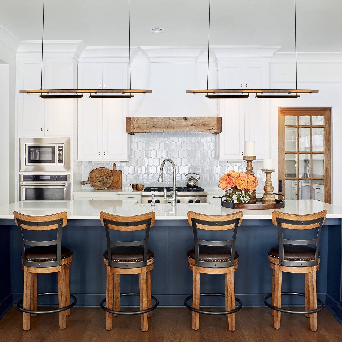 Lustre linéaire en bois à 3 ou 5 lumières LED intégrées pour îlot de cuisine