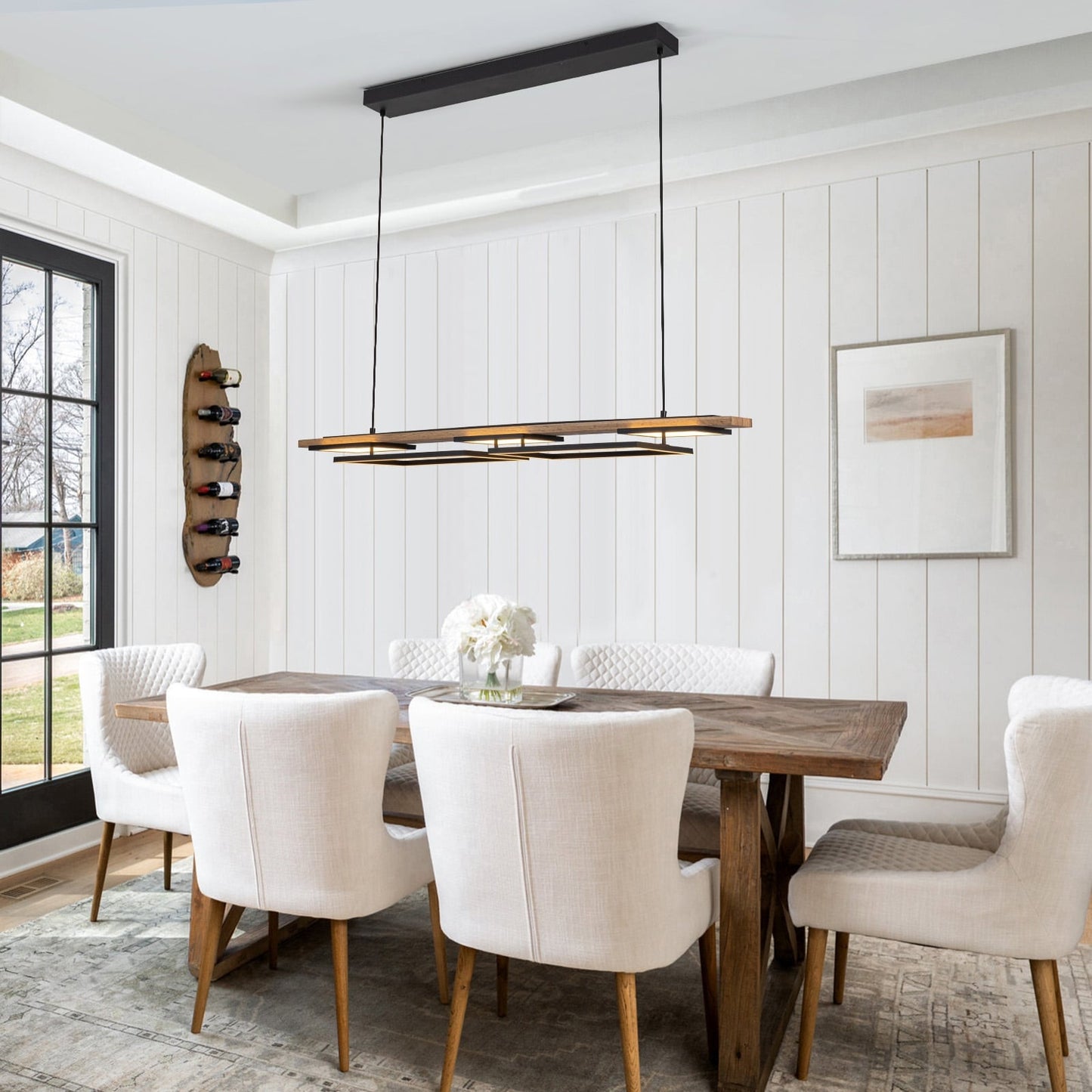 Lustre linéaire en bois à 3 ou 5 lumières LED intégrées pour îlot de cuisine