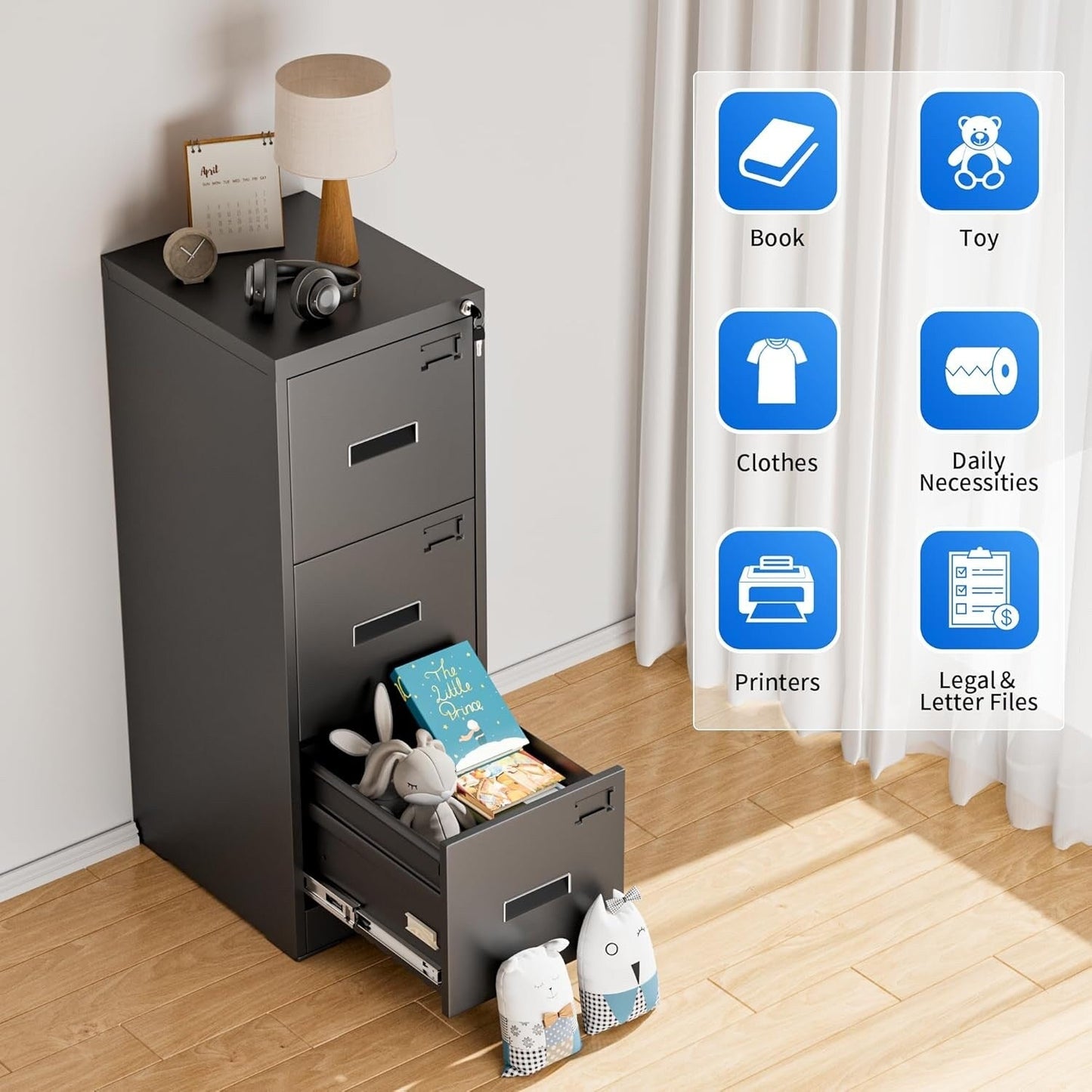 Classeur métallique verrouillable à 3 tiroirs pour bureau à domicile, armoire roulante entièrement assemblée