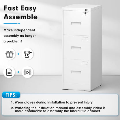 Classeur métallique verrouillable à 3 tiroirs pour bureau à domicile, armoire roulante entièrement assemblée