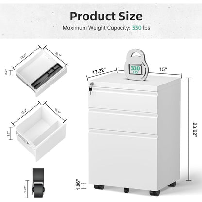 Classeur métallique verrouillable à 3 tiroirs pour bureau à domicile, armoire roulante entièrement assemblée
