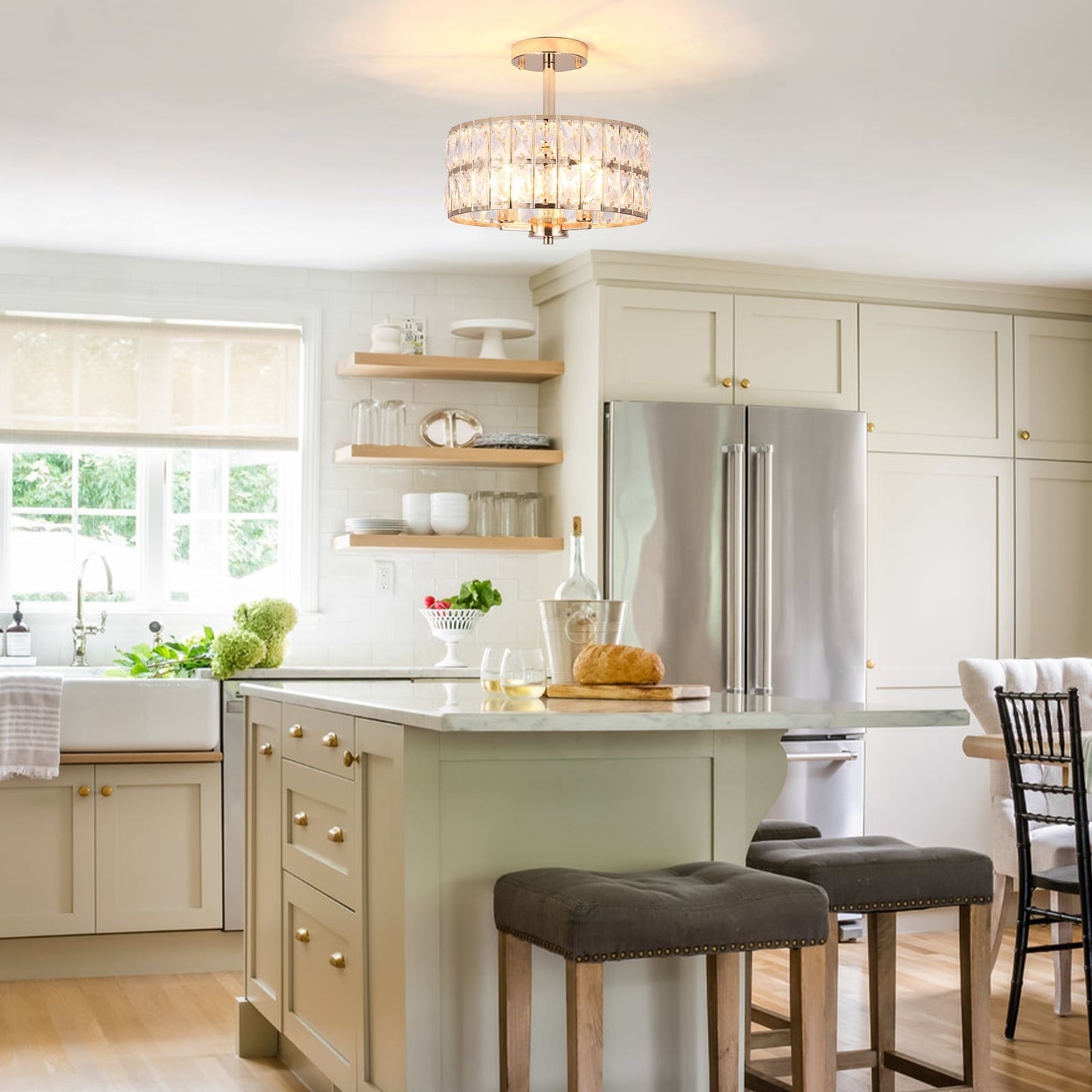 Plafonnier semi-encastré à 3 lumières en cristal pour salon et couloir