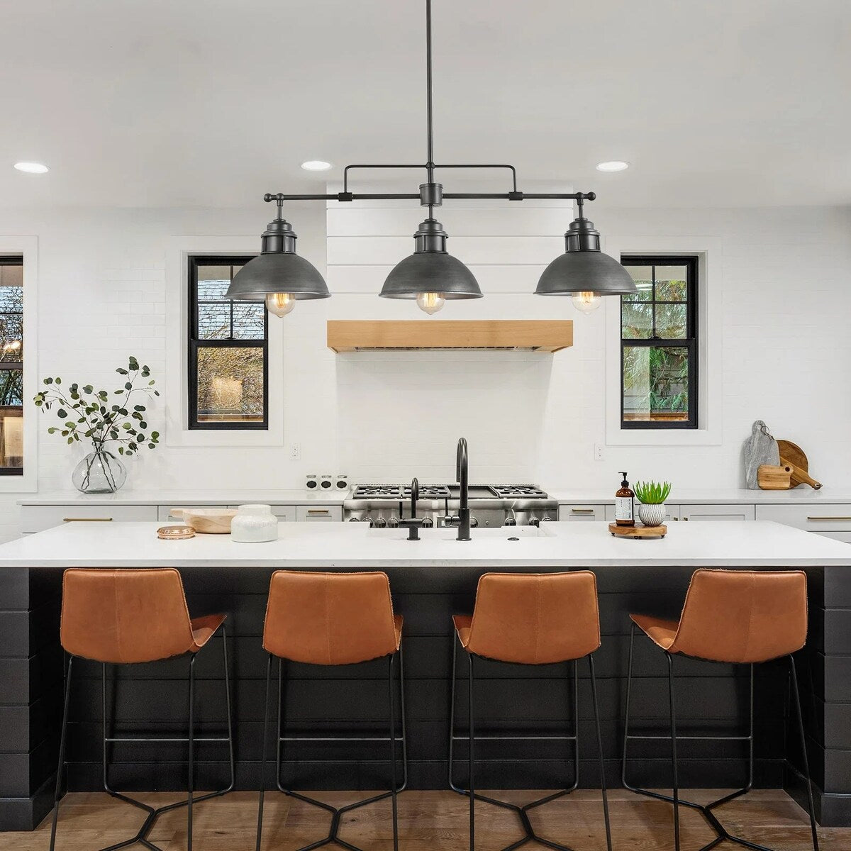 Suspension en forme de dôme de style industriel à 3 lumières, style ferme, en métal, linéaire, pour îlot de cuisine, finition bronze huilé