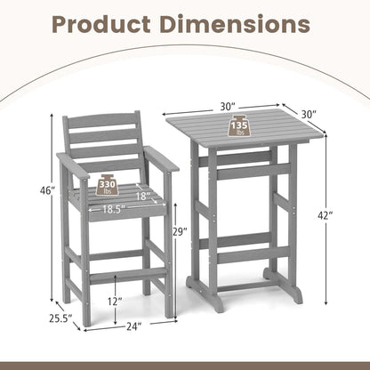 Ensemble de bistrot 3 pièces en PEHD pour patio, tabourets de bar à hauteur de comptoir avec table