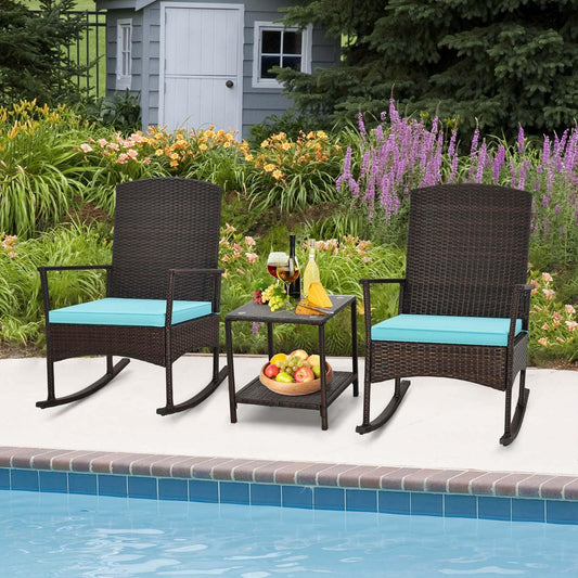 Ensemble de 3 chaises à bascule en osier pour patio avec table basse à 2 niveaux