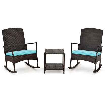 Ensemble de 3 chaises à bascule en osier pour patio avec table basse à 2 niveaux