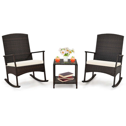 Ensemble de 3 chaises à bascule en osier pour patio avec table basse à 2 niveaux