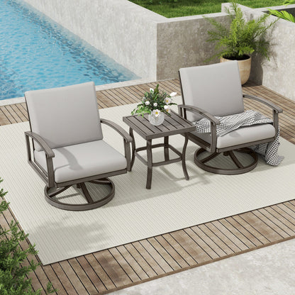 Ensemble bistro de patio 3 pièces en aluminium avec table d'appoint, fauteuils pivotants et coussins gris clair