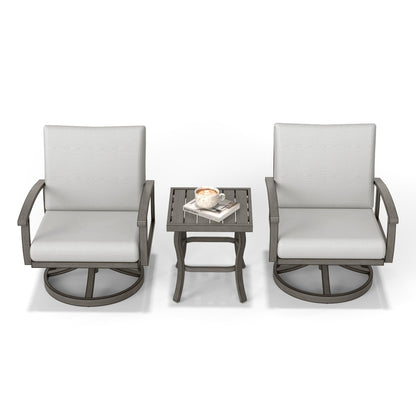 Ensemble bistro de patio 3 pièces en aluminium avec table d'appoint, fauteuils pivotants et coussins gris clair