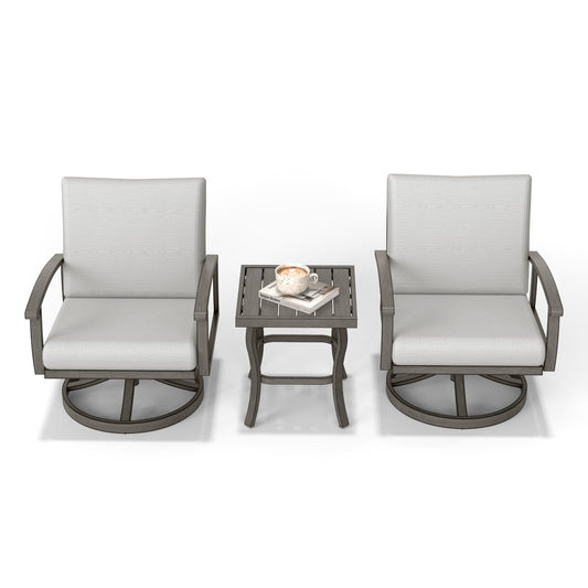 Ensemble bistro de patio 3 pièces en aluminium avec table d'appoint, fauteuils pivotants et coussins gris clair