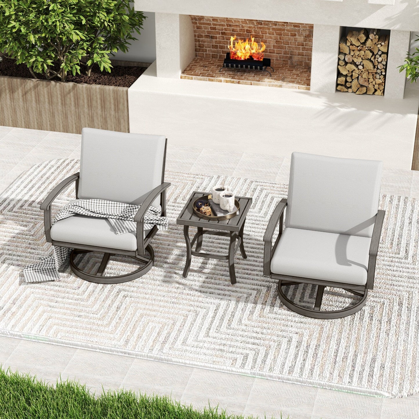 Ensemble bistro de patio 3 pièces en aluminium avec table d'appoint, fauteuils pivotants et coussins gris clair