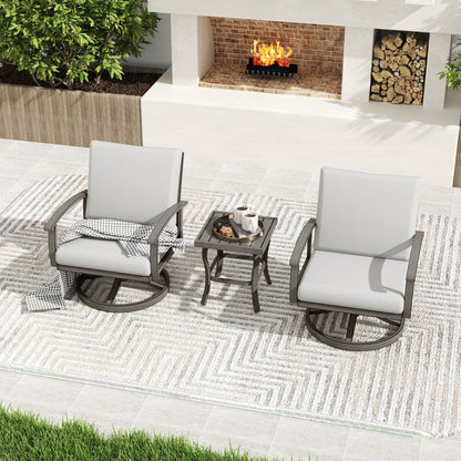 Ensemble bistro de patio 3 pièces en aluminium avec table d'appoint, fauteuils pivotants et coussins gris clair