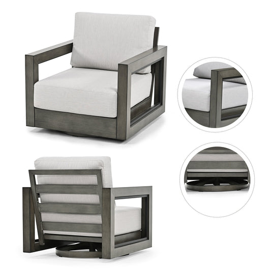 Ensemble de salon de jardin 3 pièces en aluminium avec chaises pivotantes, cadre et coussins peints à la main