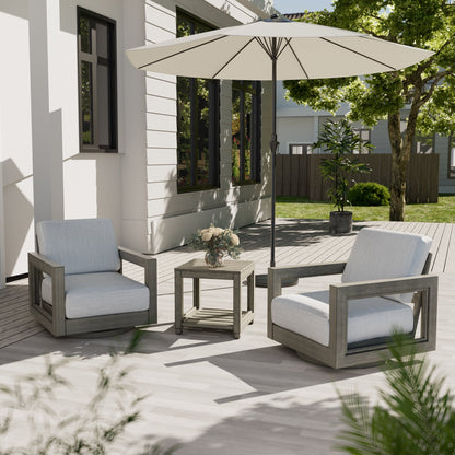 Ensemble de salon de jardin 3 pièces en aluminium avec chaises pivotantes, cadre et coussins peints à la main