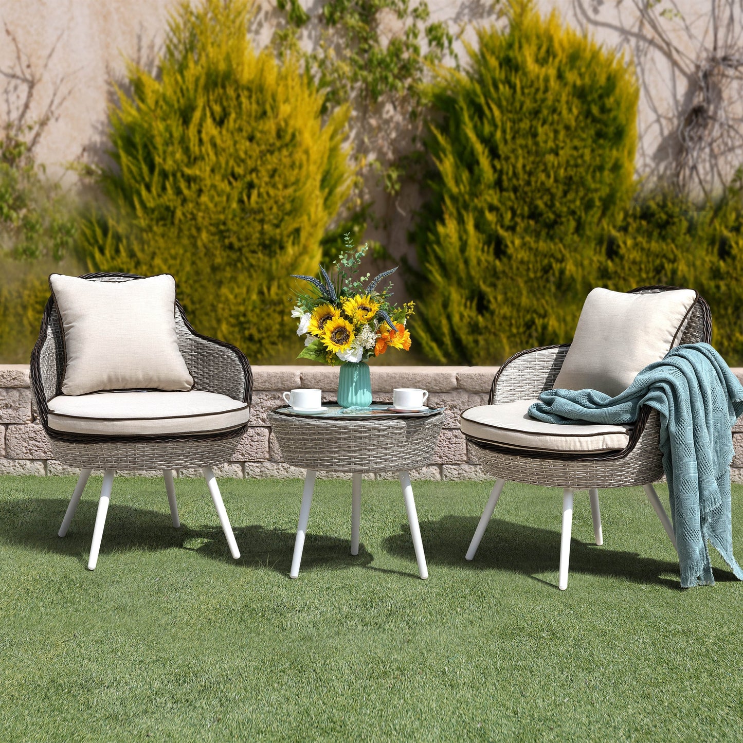 Ensembles de jardin Bistro 3 pièces en rotin et osier avec coussins